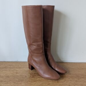 Carmel Brown Leather Knee-High Boots Stacked Heel Size 10